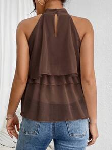 Firerie Áo hai dây xếp tầng nhiều lớp bằng chiffon màu trơn dành cho nữ, thích hợp cho kỳ nghỉ hè ở bãi biển. - Cà phê nâu - Xem 2