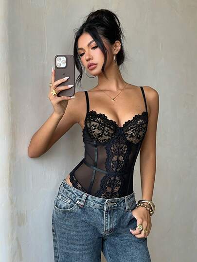 Aloruh 女士蕾丝拼接透视性感连体衣，约会性感装扮