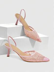 CUCCOO SZL Women's Embroidered Mesh Design Pointed Toe Asymmetric Heel High Heels, Romantic Elegant Stylish Mesh Pumps With Exposed Heel For Formal Occasions, Dates, Afternoon Tea, Weddings, Parties, Valentine's Day Spring Shoes - Light pink F - View 1