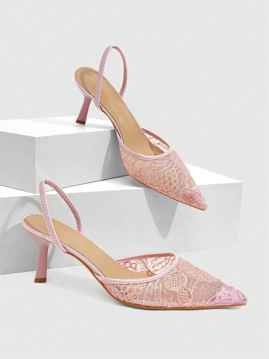 CUCCOO SZL Women's Embroidered Mesh Design Pointed Toe Asymmetric Heel High Heels, Romantic Elegant Stylish Mesh Pumps With Exposed Heel For Formal Occasions, Dates, Afternoon Tea, Weddings, Parties, Valentine's Day Spring Shoes - Light pink F - View 1