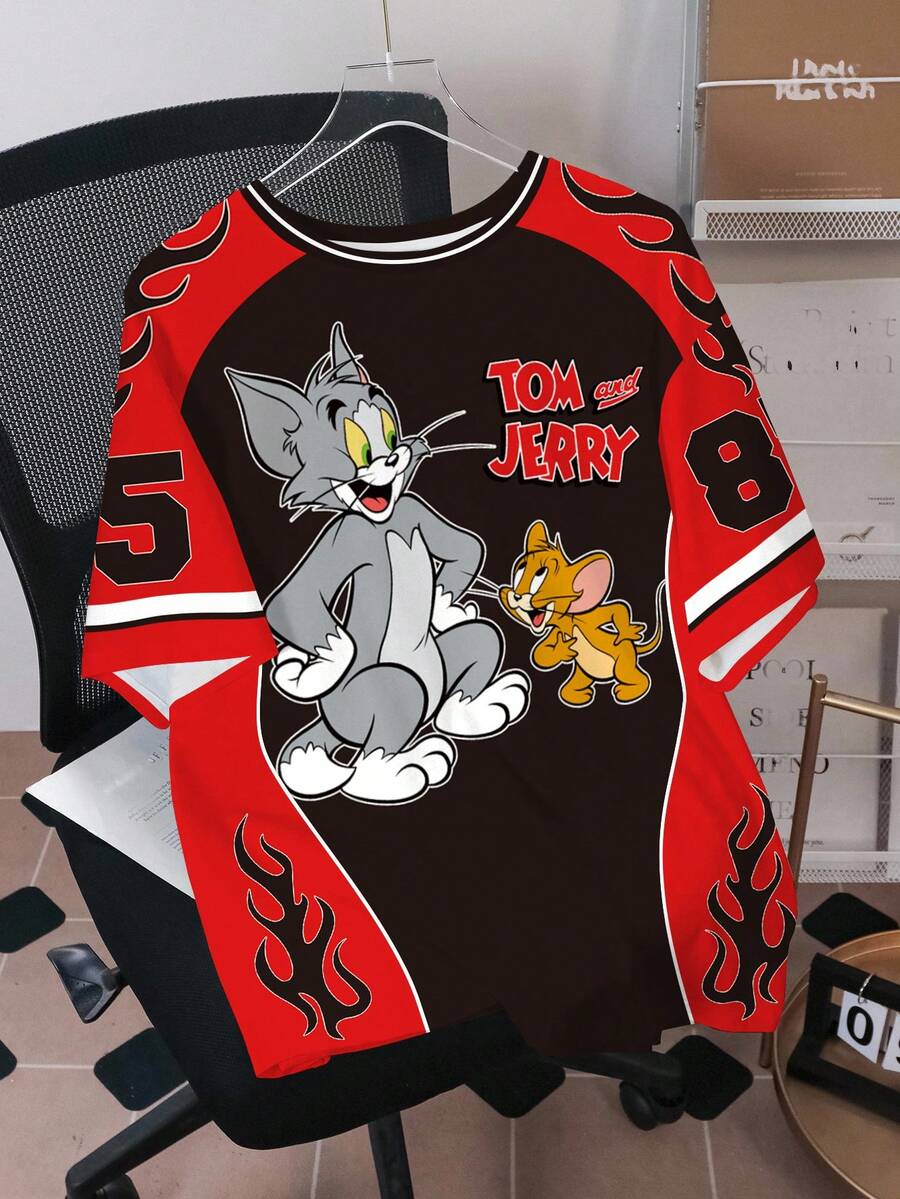 TOM & JERRY X SHEIN 男士卡通印花圆领短袖休闲百搭T恤 - 白色 - 查看 1