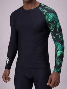 Manfinity KASUA Men's Leaf Printed Rash Guard With Raglan Sleeves, Ideal For Swimming And Surfing Athletic Workout Shirt,Hawaiian - Multicolor - View 6