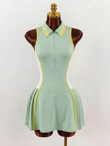 Amplova Women's Contrast Color Zipper Half-Placket Sleeveless Sports Dress With Shorts - Multicolor - View 5