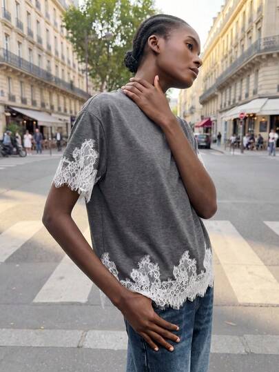 Maija Women's Lace Patchwork Casual Versatile Daily Wear Short Sleeve T-Shirt, Summer T-Shirt, Summer Outfits , Summer Outfits For Women, Spring T-Shirt, Beach Outfits For Women, Vacation, Holiday Outfits , Elegant Women's T-Shirt, Vacation Outfits For Women , Country Style For Women ,Lace T-Shirt