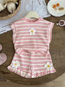 SHEIN 2件組女嬰幼童0-3歲粉白條紋荷葉袖T恤短褲套裝，可愛夏季度假針織紋理外出穿搭 - 粉色 - 查看 8