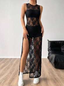 SHEIN EZwear 女士黑色蕾丝无袖连衣裙 - 黑色 - 查看 10