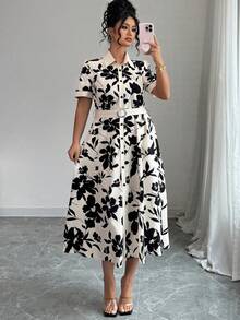 Elenzga Elegant Shirt Collar Short Sleeve Belted Mid-Length Black & White Plus Size Dress, Suitable For Spring, Summer, Autumn - Black and White - View 4