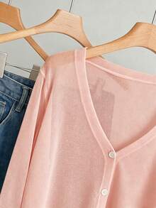 Calvaya Áo khoác cardigan dệt kim dài tay, màu trơn, cài một hàng khuy, dáng rộng, dành cho nữ, cỡ lớn. - Hồng - Xem 5
