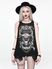 ROMWE Goth Áo tank top dài dáng chữ A rộng rãi dành cho nữ, họa tiết xương côn trùng, cung hoàng đạo. - màu đen - Xem 5