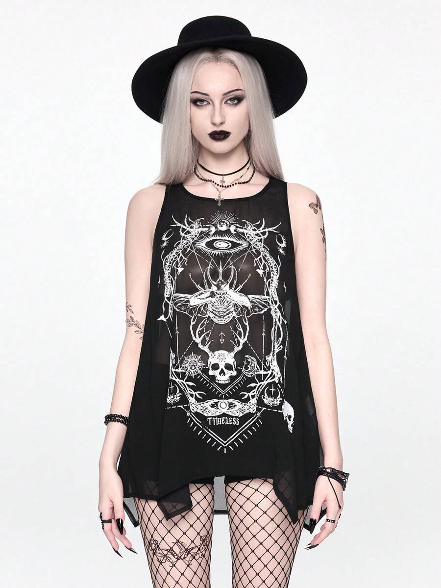 ROMWE Goth 女士深色骷髅昆虫骨骼十二生肖A字长款宽松背心 - 黑色 - 查看 1