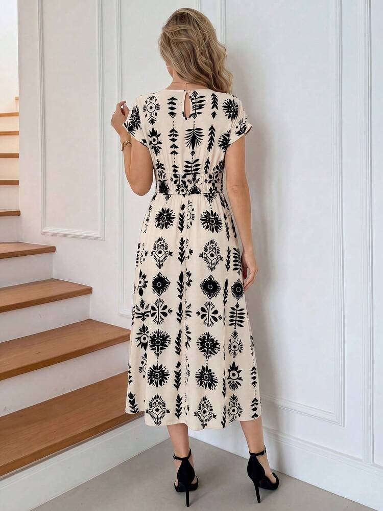 Women's Elegant All-Over Print Round Neck Waist Cinched Dress,Summer Dress,Going Out Dress,Holiday Dress