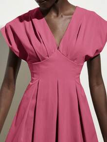 Aveloria Modichic Oversized Padded Shoulder Cap Sleeve Cinched Waist Pleated Dress, Beige Tone Long Dress For Women - Pink - View 3