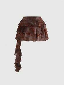 ROMWE Hippie Plus Size Spring Break Concert Rave Festival Multilayer Asymmetrical Cake Mesh Skirt - Brown - View 7