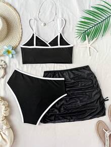 SHEIN 青少年女孩海灘度假包邊泳衣套裝附外罩裙 - 黃色 - 查看 2