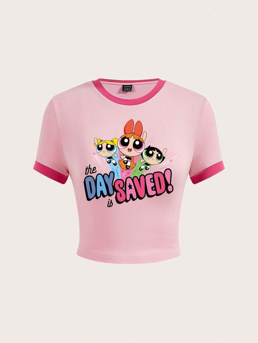 Sweetina THE POWERPUFF GIRLS X SHEIN 女士圆领撞色滚边卡通字母印花休闲百搭日常短袖T恤 - 粉色 - 查看 1