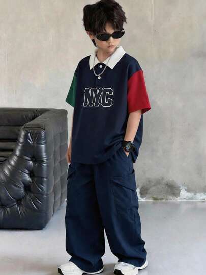 SHEIN Áo Polo cổ bẻ nửa khóa kéo phối màu phong cách NYC cho bé trai tuổi teen, kiểu dáng Y2K, áo thun cơ bản, SS26, áo mùa hè, trang phục mùa hè, bộ đồ trẻ em, thích hợp cho mùa xuân/hè, đi chơi, ngày Valentine, hẹn hò, du lịch, kỳ nghỉ, họp mặt gia đình, tựu trường, đám cưới, tiệc tối, thể thao, tiệc sinh nhật.