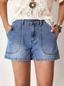 EMERY ROSE Quần short denim nữ dáng rộng, chất liệu denim mài, có túi xéo, thích hợp cho mùa hè. - Màu xanh lam - Xem 1