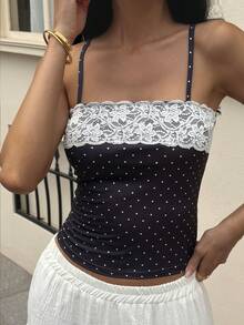 DAZY Women's Vintage Beach Vacation Polka Dot & Contrast Lace Fitted Cropped Camisole Top, Summer - Black - View 3