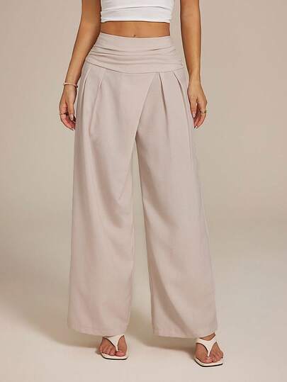 SHEIN PETITE Pantalones rectos de lino de cintura media, sueltos y elegantes en color verde, versátiles para uso diario casual, ir y venir, moda, verano, oficina, vacaciones en la playa, atuendos de maestras, ropa de mujer para otoño, ropa de vuelta al colegio, estilo de mujer de dinero antiguo, atuendos de oficina para mujer