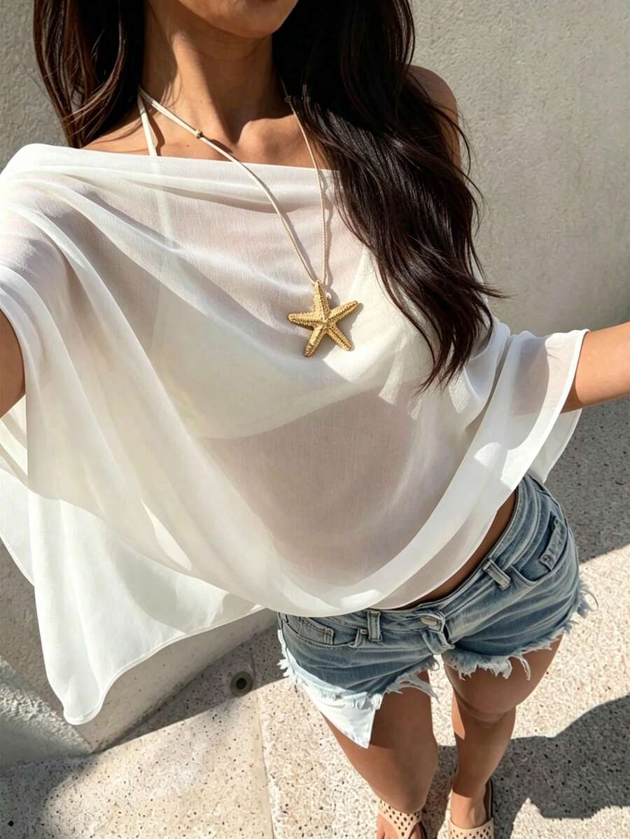 Franclia Áo dài tay rộng rãi, mềm mại bằng vải chiffon dành cho nữ - Màu be - Xem 1