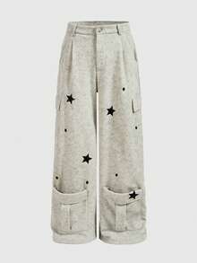 ROMWE MEN Street Life Men's Casual Star Print Faux Snow Flake Pocket Sweatpants - White - View 7