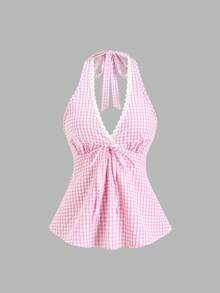 SHEIN Sweetro Áo hai dây cổ yếm kẻ caro lãng mạn hở lưng dành cho nữ mùa hè - Hồng - Xem 1