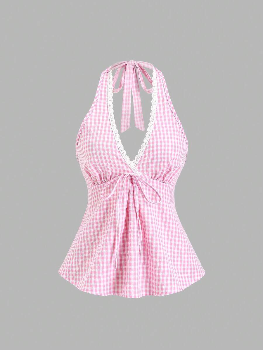 SHEIN Sweetro Áo hai dây cổ yếm kẻ caro lãng mạn hở lưng dành cho nữ mùa hè - Hồng - Xem 1