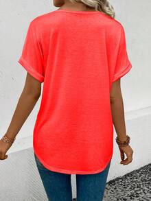 EMERY ROSE Women's Casual Retro Neon Red V-Neck Cuffed Sleeve T-Shirt With Heart Print - Red - View 2