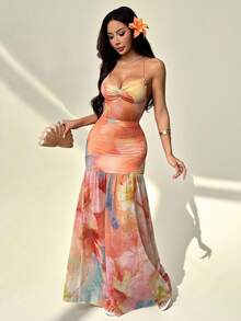 SHEIN PETITE 浪漫花卉印花無袖露背洋裝，適合約會、度假、春夏，女款夏季洋裝，適合嬌小女性 - 彩色 - 查看 4