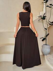 SHEIN PETITE Women's Summer Solid Color Pleated Square Neck Camisole And Mini Skirt 2 Pieces Set ,Petite Women - Brown - View 2