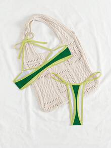 Swim SXY Conjunto de bikini de dos piezas sexy con tirantes de espagueti, tiras desmontables y ribete de color contrastante - Verde - Ver 7