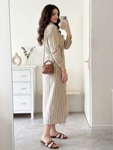 Mulvari Đầm midi quấn kẻ sọc phong cách thường ngày dành cho nữ, thích hợp đi làm. - Màu Khaki - Xem 4