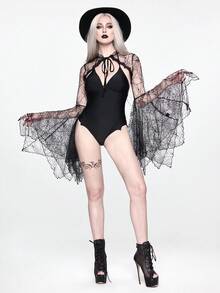 ROMWE Áo kiểu Gothic họa tiết mạng nhện, tay áo loe bất đối xứng, thắt nơ phía trước. - màu đen - Xem 1