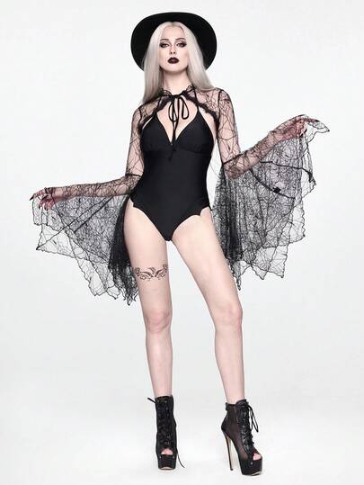 ROMWE Áo kiểu Gothic họa tiết mạng nhện, tay áo loe bất đối xứng, thắt nơ phía trước.