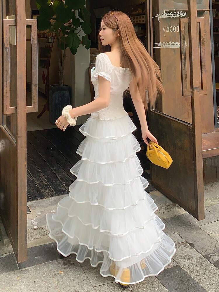 Women's Mesh Patchwork Tiered Skirt