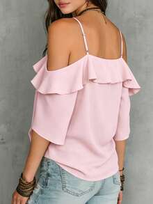 LUMIGAL Women's Solid Color Ruffle Trim Off-Shoulder Short Sleeve Blouse - Pink - View 2