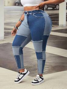 Slaydiva Jeans longs skinny bleu style cowgirl avec patchwork élastique pour femmes grandes tailles, été - Jean bleu - View 1