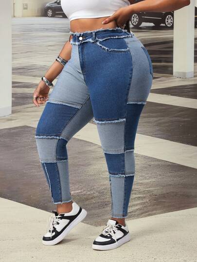 Slaydiva Calça Longa Sexy Skinny Elástica Retalhos Estilo Cowgirl Azul Plus Size, Conjunto de Verão