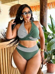 SHEIN Swim Vcay Bộ bikini cỡ lớn dành cho nữ, kiểu cổ yếm, họa tiết sọc, thích hợp cho kỳ nghỉ biển. - Nhiều màu - Xem 5