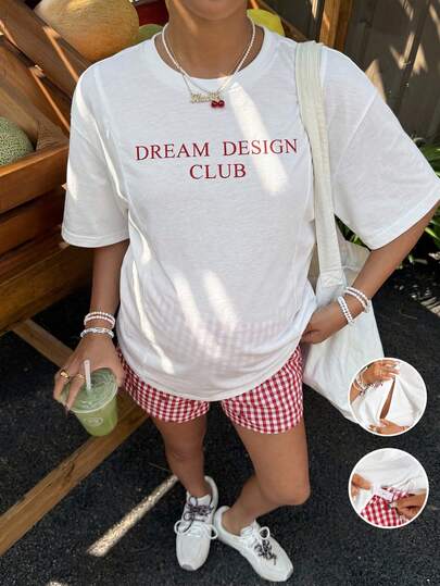 SHEIN Maternity Clothes Maternity Nursing Clothing Summer Pregnant Clothes Red And White Two-Piece Set, Comfortable And Casual 2pcs Maternity Casual Vacation Lettering Print Drop Shoulder Loose Nursing T-Shirt And Plaid Shorts Set, Summer