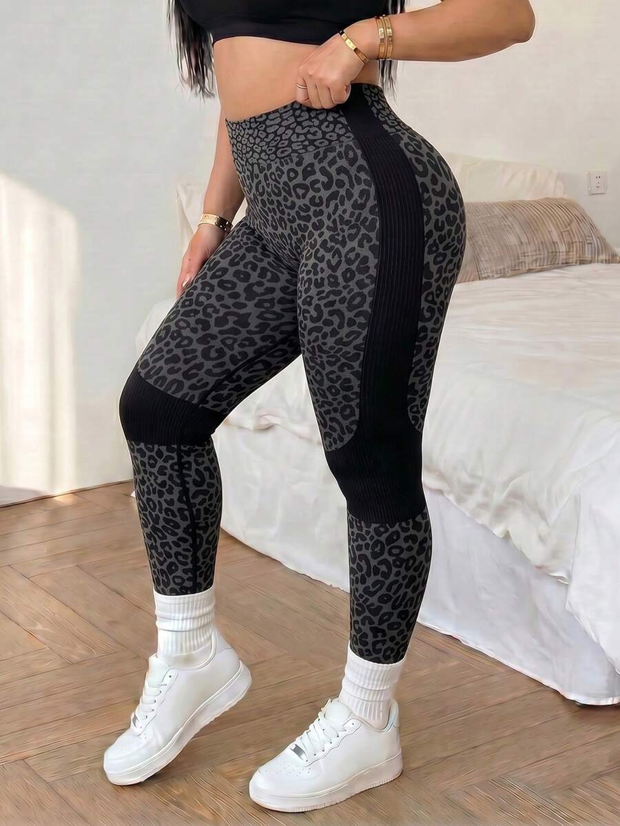 Slayform Slayform 1 pièce Legging de fitness et de yoga pour femmes grande taille avec imprimé léopard et rayures latérales, ensemble d'entraînement grande taille, legging d'entraînement imprimé léopard, vêtements de sport grande taille - Multicolore - Voir 1