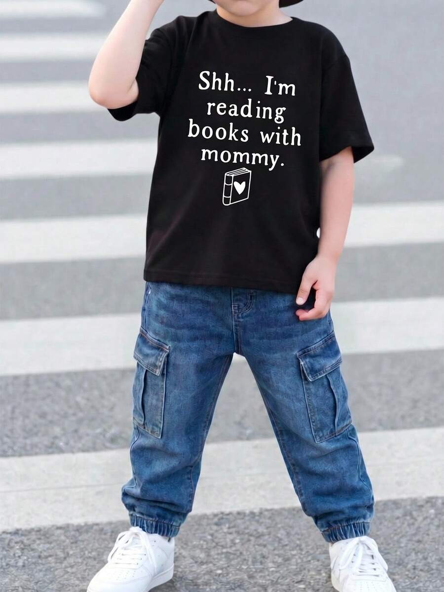 Young Boy Graphic Slogan Print Fashion Round Neck Short Sleeve T-Shirt Paired With Cargo Pants Set,Comfortable Lightweight For Festivals Summer - Multicolor - View 1