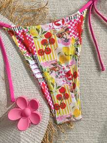 SHEIN Swim Mod 2026春夏甜辣风水果印花复古三角比基尼，系带性感高端简约分体泳衣 - 彩色 - 查看 7