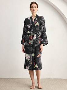 Ocili 优雅花卉龙纹印花柔软舒适中式休闲睡袍，女士睡衣 - 彩色 - 查看 7