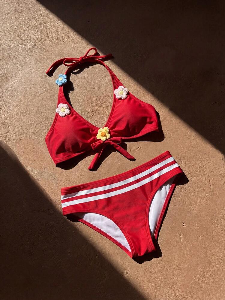 Women's Summer Beach 3D Floral Decor Halter Tie Sexy Bikini Swimsuit Set