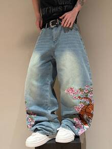 Manfinity Hypemode Vintage Distressed Casual Straight Leg Loose Fit Jeans With Cat Whisker Embroidery Design, Versatile Streetwear Commute Vacation Light Blue Sommer - Blue - View 5