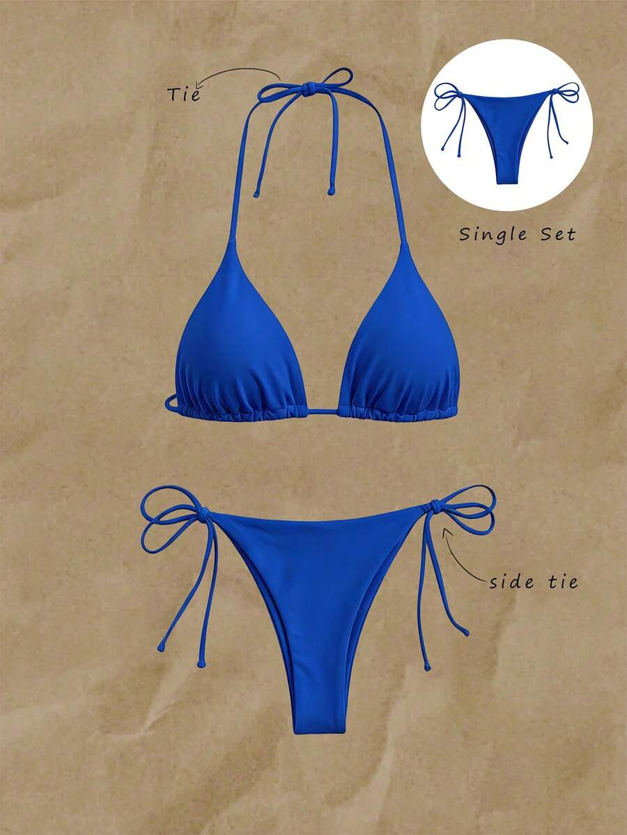 SHEIN Swim 側繫帶比基尼泳裝丁字褲 - 寶藍色 - 查看 1