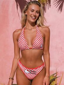 Swim Mod HELLO KITTY AND FRIENDS | SHEIN Women's Cute KT Cat Plaid Print Reversible Bikini Swimwear Set, Suitable For Beach, Vacation White Summer Cute Ruffle - Multicolor - View 3