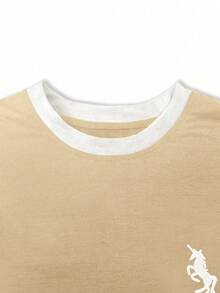 Resyla Women's T-Shirt/Unicorn Pattern Print/Embroidery Craft/Women's Loose Casual Contrast Color Round Neck T-Shirt Top/Fashion Sweatshirt/Spring And Summer - Apricot - View 3