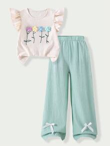Casuvi Kids 杏色喇叭袖T恤，饰有三朵小花，搭配休闲黄色橡胶裤 - 彩色 - 查看 1
